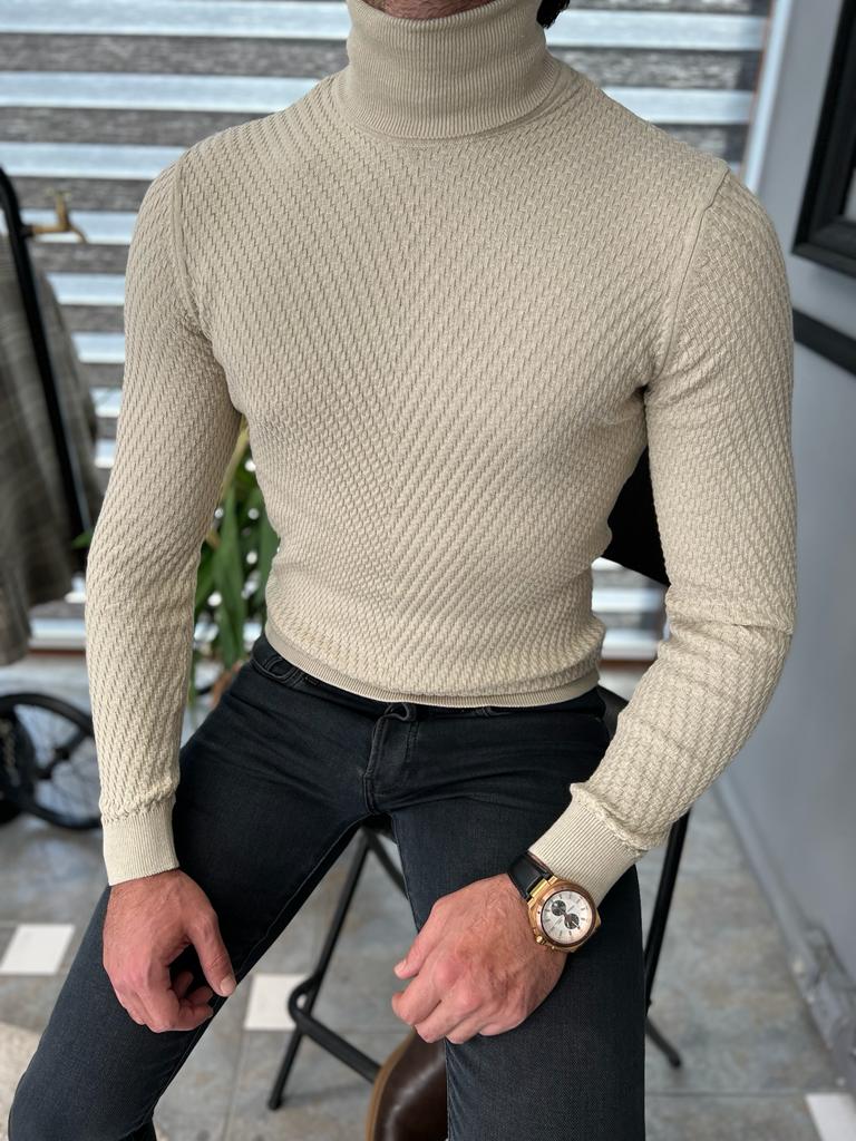 Dunfriez Beige Patterned Slim Fit Turtleneck Knitwear