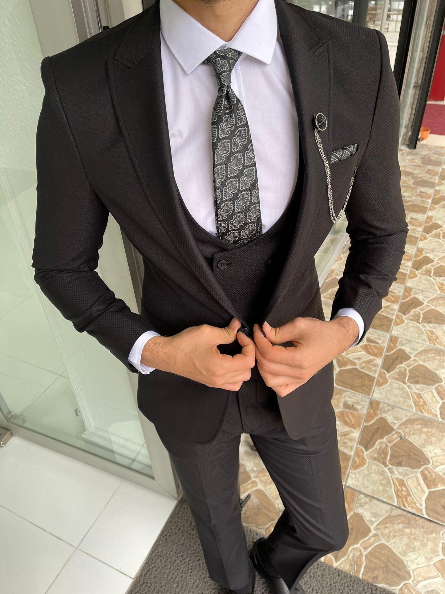 Dawson Black Patterned Slim Fit Suit