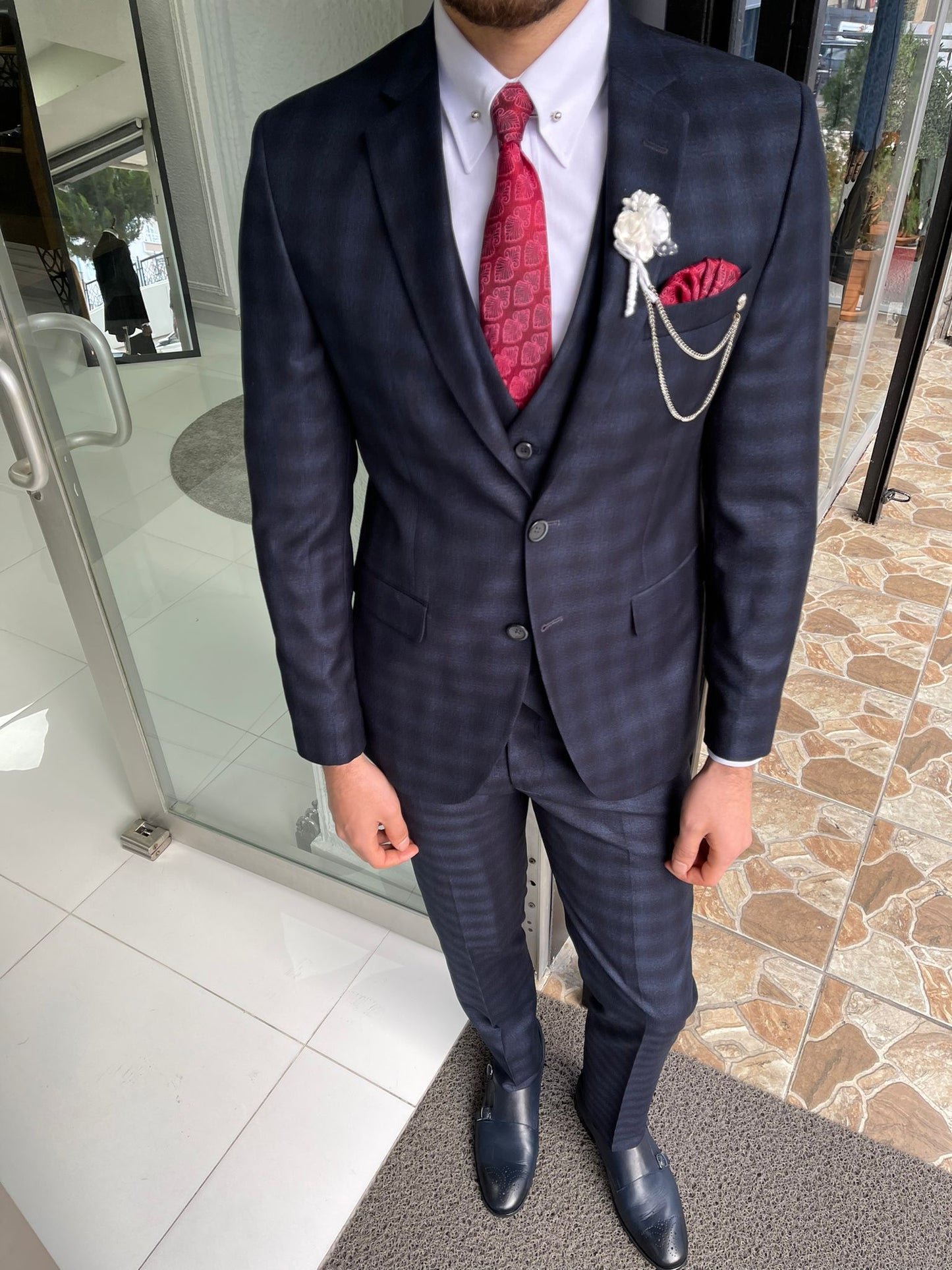 Darwin Navy Blue Plaid Slim Fit Suit