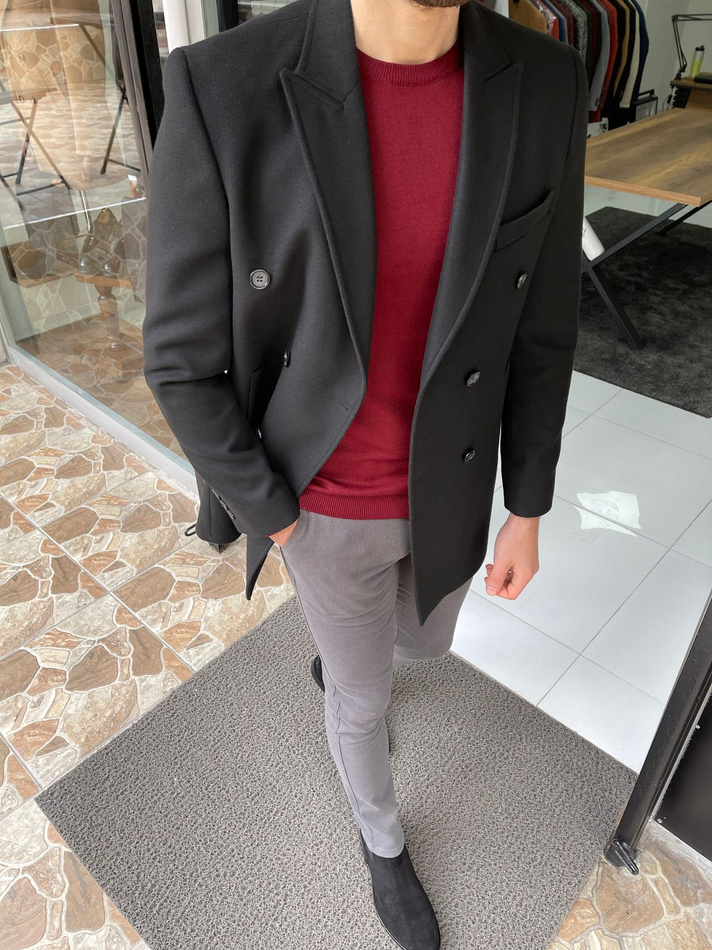 Denver Black Double Breasted Slim Fit Coat