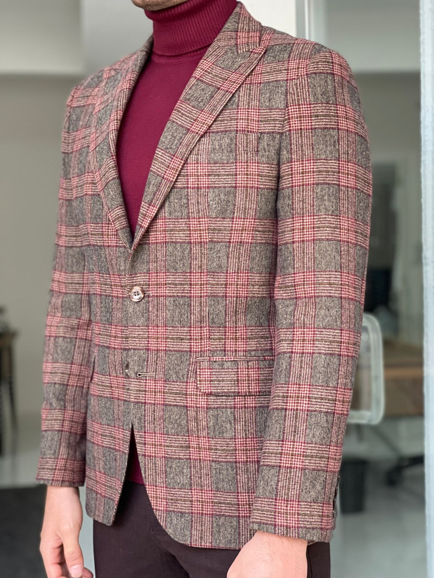 Orlando Beige Plaid Slim Fit Blazer